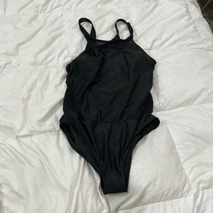 Black one piece swimsuit with sheer top